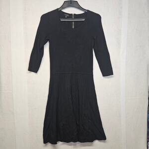 Talbots Black Knit Drop Waist Pleated 3/4 Sleeve Midi Dress